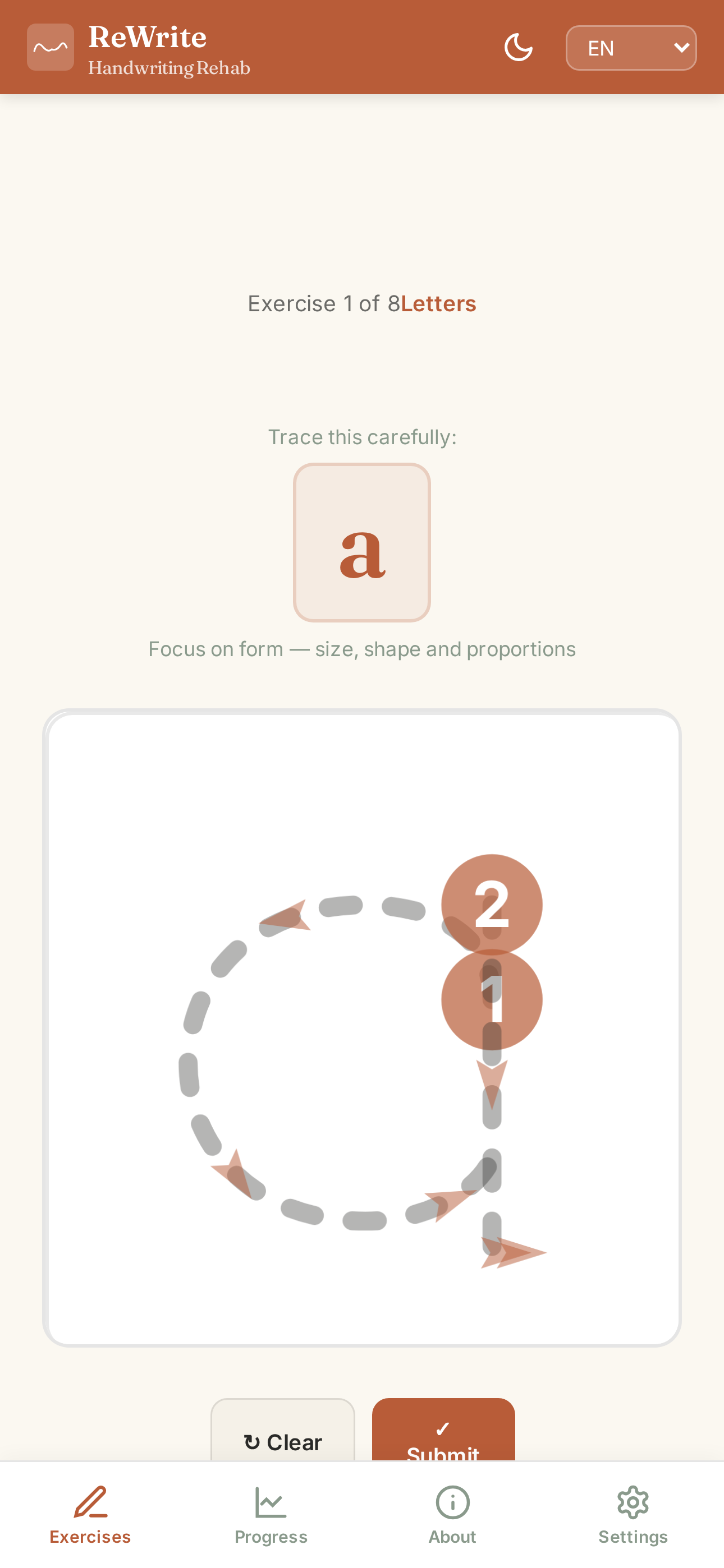 Letter tracing exercise in progress