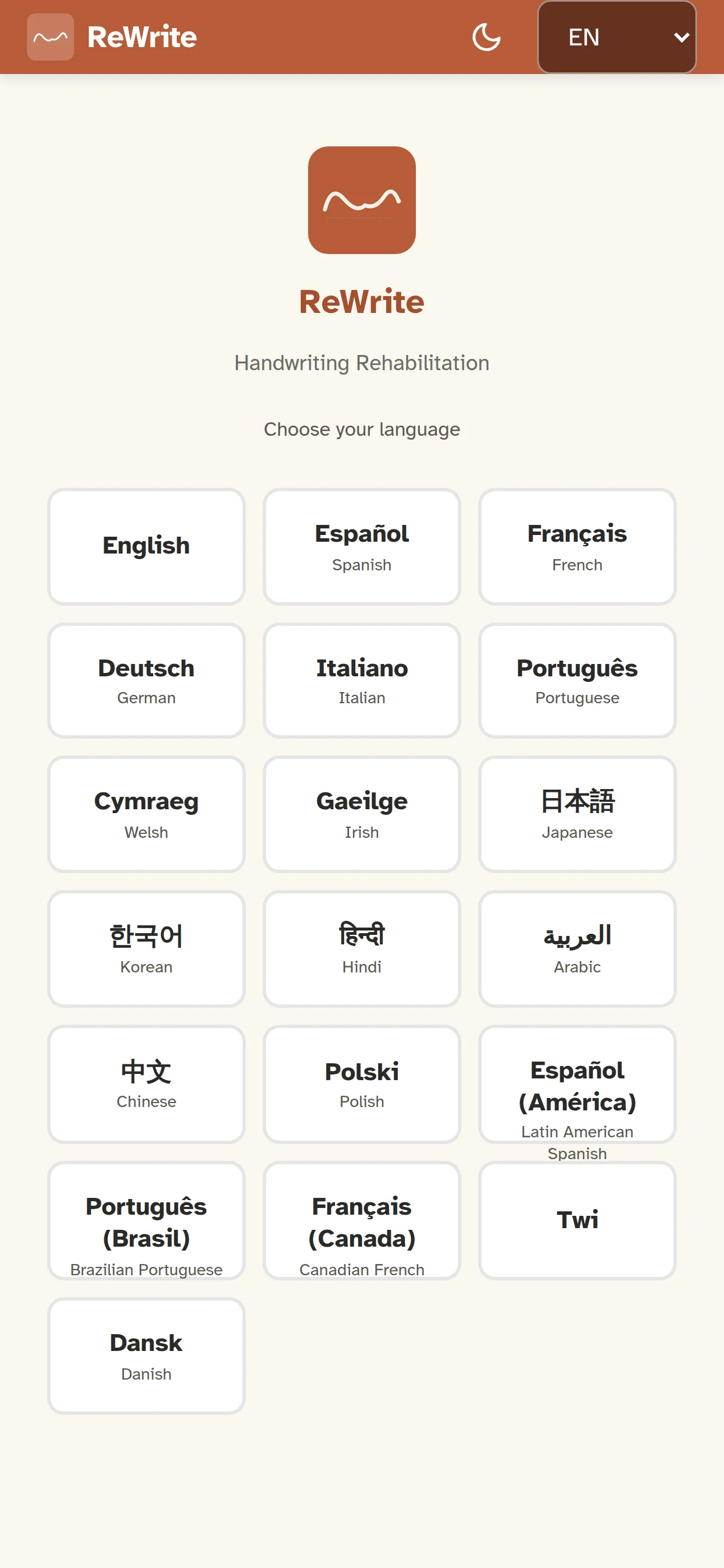 ReWrite language selection screen showing 19 languages